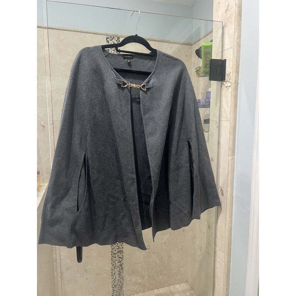 Talbots Size Large Gray Full Milano Sweater Cape Gold Clasp Oversized Wrap